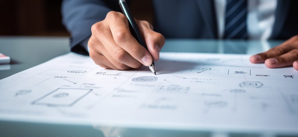 Руки человека пишут стратегию или бизнес-план на бумаге. Эта фотография иллюстрирует процесс формирования стратегии и процедур, необходимых в управление бизнесом.
