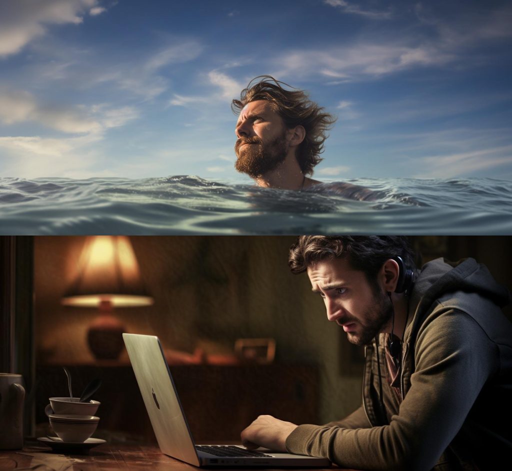 Коллаж изображений: мужчина плавает в море и работает за компьютером