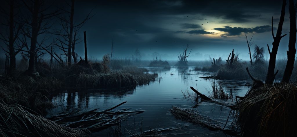 Эта живописная фотография запечатлела недоступное болото Горная Сига, подчеркивая его изоляцию и неосвоенность. На переднем плане плотный заросль тростника и травы.
