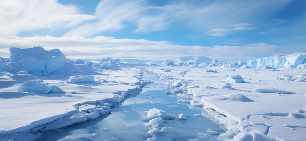 Эта фотография запечатлевает нетронутый и изолированный пейзаж Мари Бёрд в Антарктиде, подчеркивая завораживающую красоту этого района под сумеречным небом.
