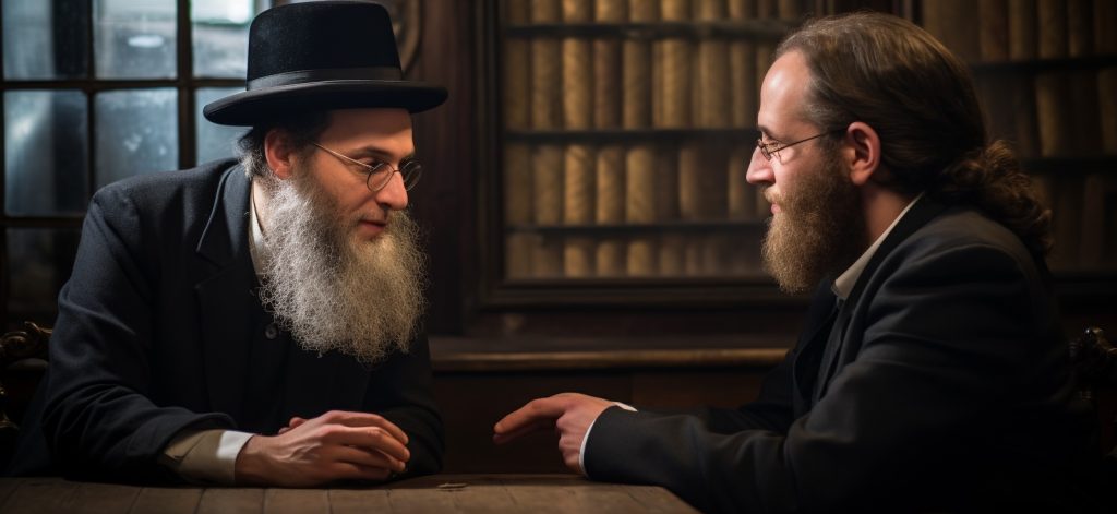 Эта фотография иллюстрирует диалог между раввином и человеком, обсуждая принятие Иудаизма. Она отражает духовность и серьезность этого жизненного выбора.