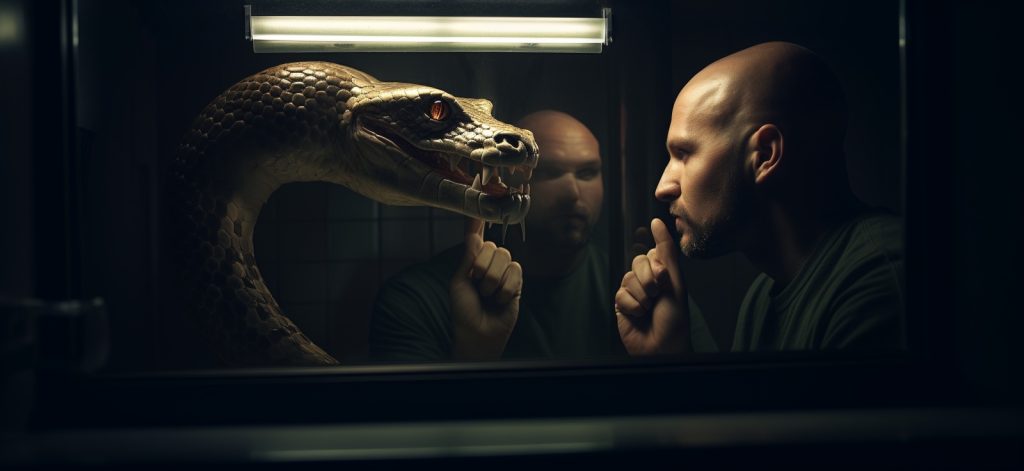 Фотография, на которой человек смотрит в зеркало и видит настоящую змею
