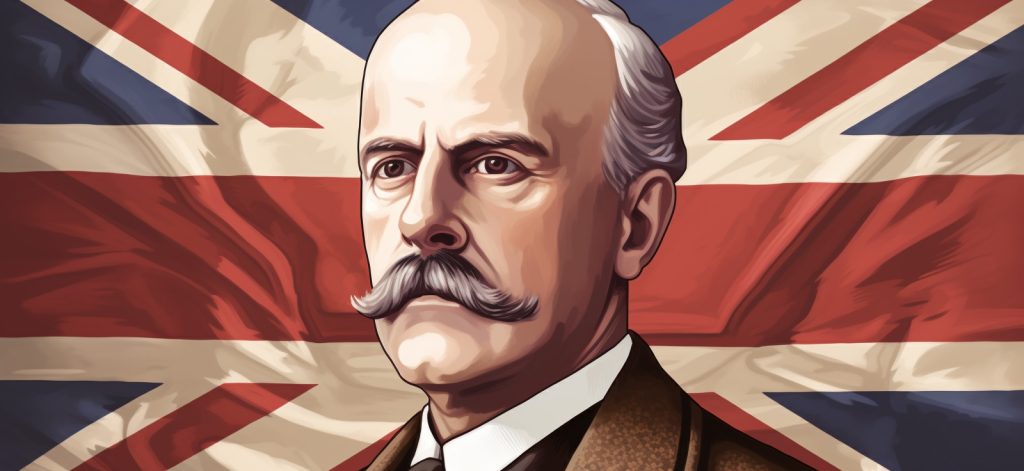 Иллюстрация, на которой изображен Артур Джеймс Бальфур — британский государственный деятель, лидер консервативной партии, премьер-министр Великобритании с 1902 по 1905 годы.