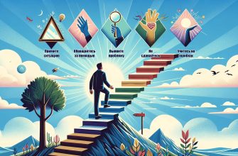 Человек взбирается по ступеням решения проблем, ознаменованных ключевыми действиями