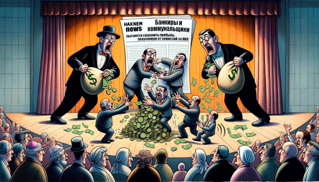 Карикатурное изображение банкиров и коммунальщиков, пытающихся сохранить доходы от комиссий за ЖКХ перед зрителями