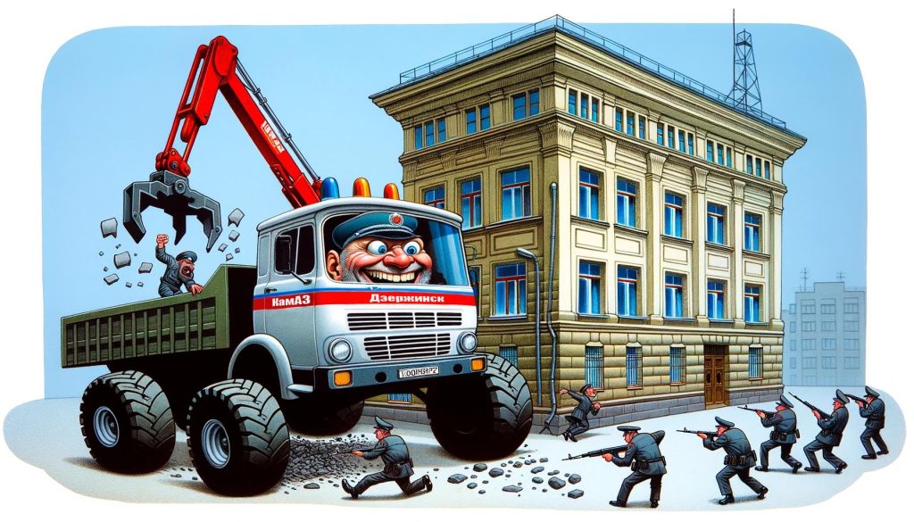 Карикатурное изображение водителя КамАЗа, пытающегося снести здание полиции в Дзержинске