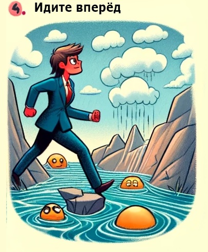 На иллюстрации изображен мужчина, перешагивающий через препятствия на пути вперёд