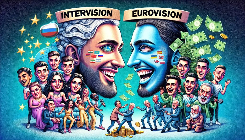 Сатирическое изображение сравнения Intervision и Eurovision с флагами и деньгами