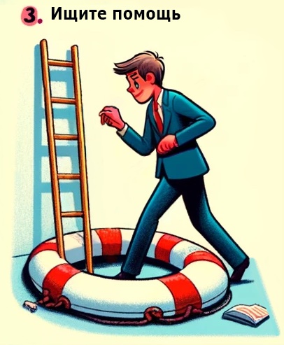 На иллюстрации изображен мужчина в поиске помощи с лестницей и спасательным кругом