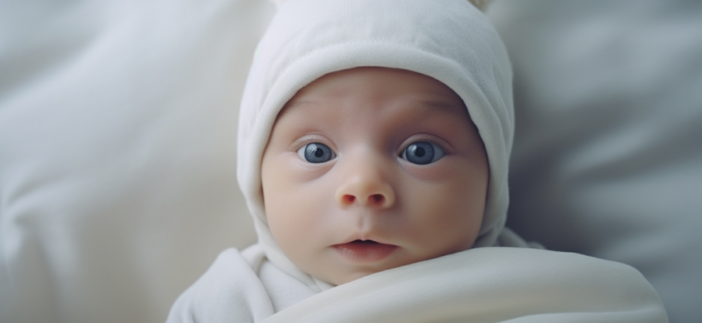 Одномесячный младенец в белом чепчике с широко открытыми глазами