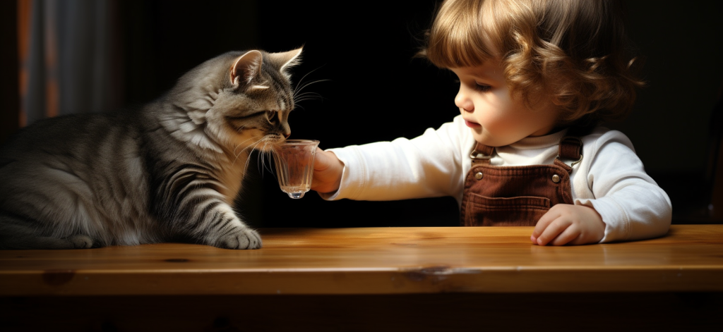 Маленький ребенок предлагает кошке попробовать воду из стеклянного стакана