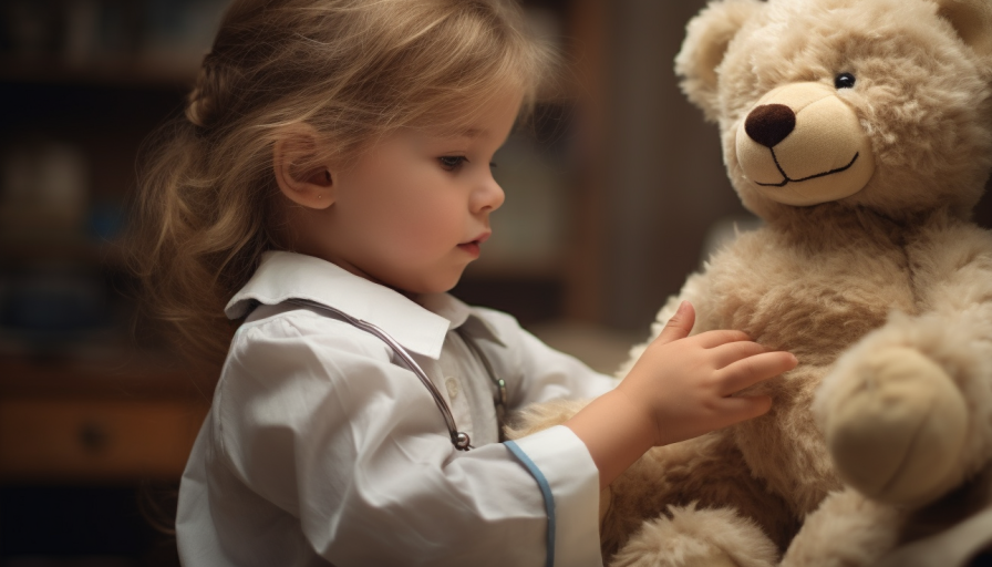 Девочка в роли врача играет в ролевые игры с медвежонком