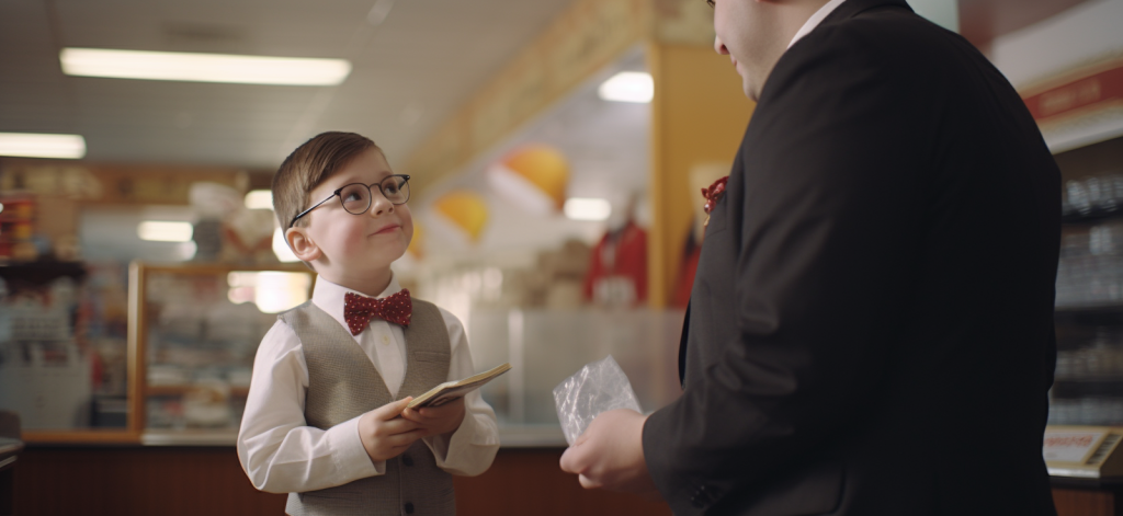 Мальчик в роли продавца в магазине общается с взрослым клиентом
