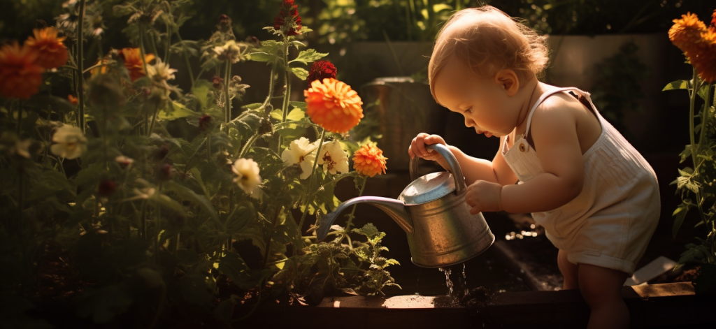 Маленький ребёнок поливает растения из металлического лейки в солнечном саду