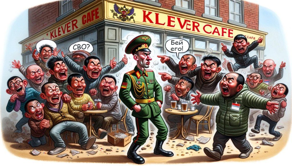 Офицер в военной форме сталкивается с агрессивной толпой перед кафе "Клевер"