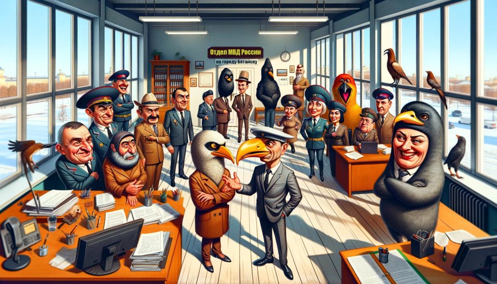 Карикатурное изображение сотрудников полиции с головами птиц в отделе МВД России по городу Батайск