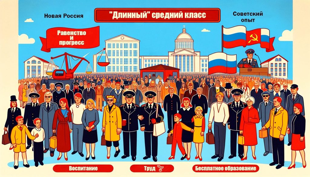 Изображение демонстрирующие концепцию роста среднего класса в России с элементами советского наследия и необходимостью прогрессивного налогообложения для сокращения неравенства