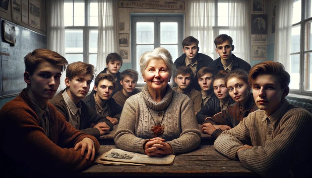 Улыбающаяся пожилая учительница сидит за школьной партой, окруженная группой внимательных студентов