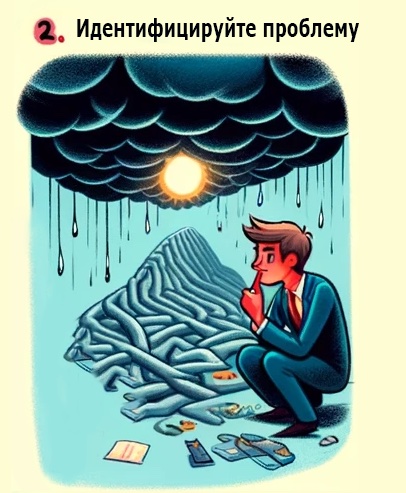 На иллюстрации изображен мужчина, сидящий под символическим облаком с дождем, который представляет проблемы