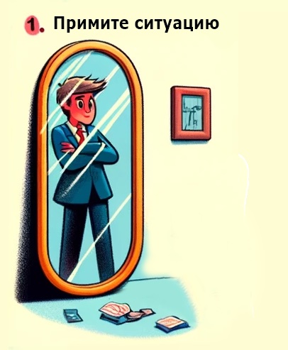 На иллюстрации изображен мужчина в зеркале, принимающий ситуацию с разбросанными документами на полу