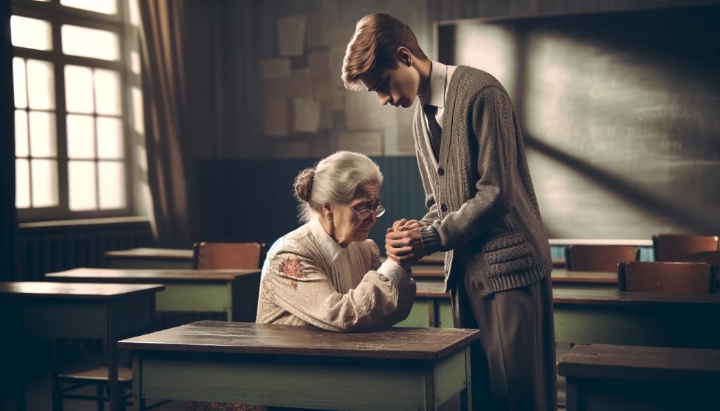 Пожилая учительница сидит за партой в классе, молодой человек стоит рядом и держит её за руки