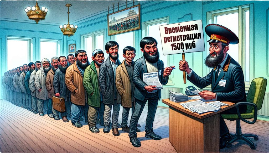 Очередь мигрантов для получения временной регистрации в российском офисе
