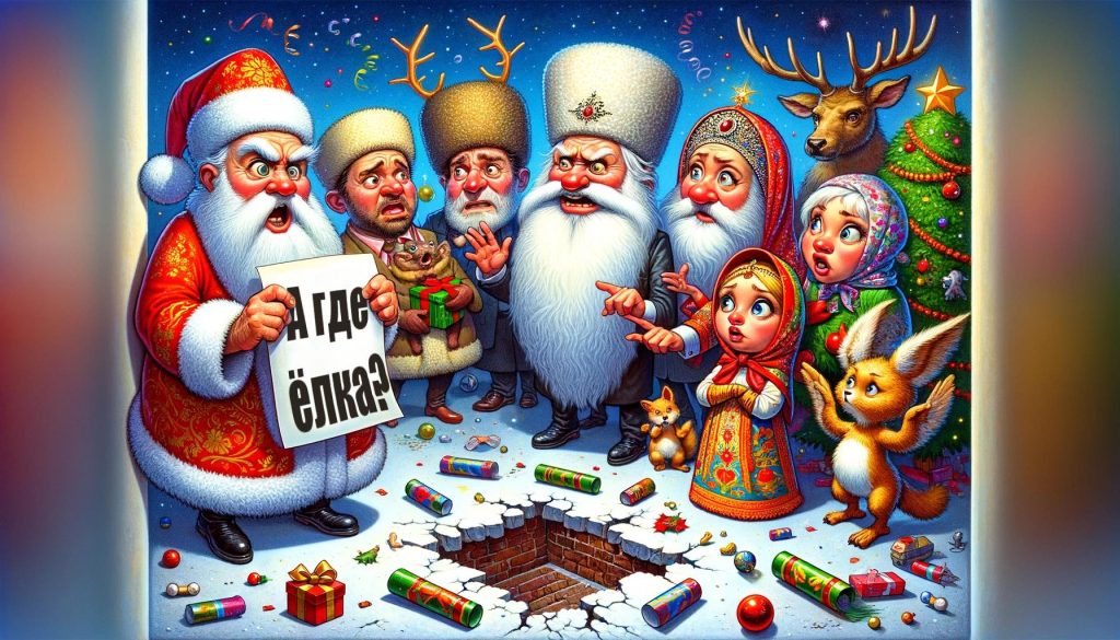 Иллюстрация удивлённых сказочных персонажей, разыскивающих пропавшую новогоднюю ёлку