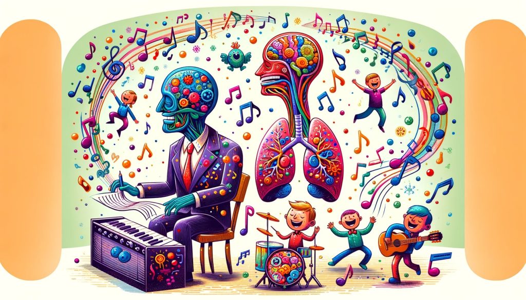 Иллюстрация человека, играющего на пианино, с анимированными органами тела и детьми, танцующими под музыку