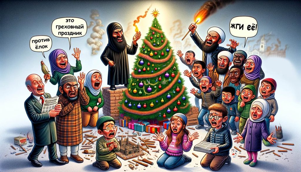 Иллюстрация, где мусульмане-радикалы, пытаются сжечь новогоднюю елку