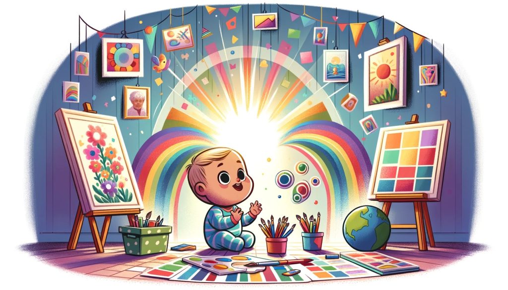 Младенец в ярко украшенной комнате с весёлыми картинами и игрушками