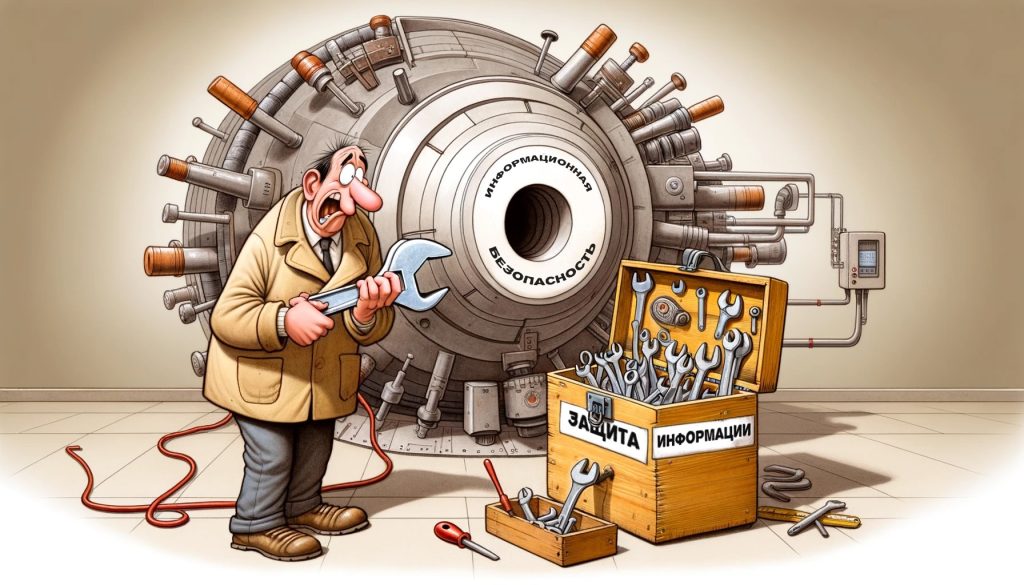 Иллюстрация мужчины с инструментами у большого сейфа, подписанного "Информационная безопасность"