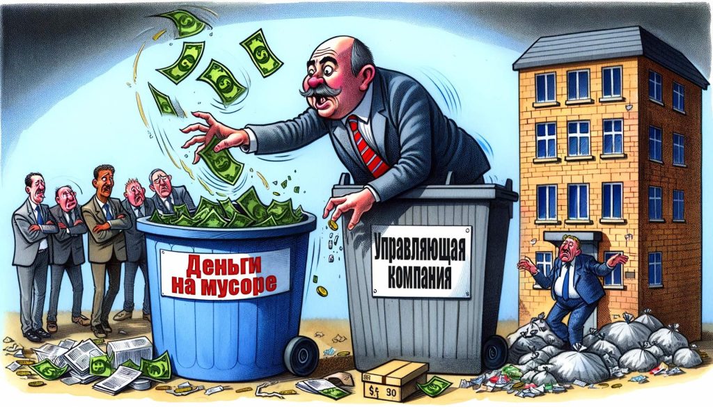 Карикатурное изображение управленца ЖКХ, добавляющего надуманные услуги в счета, и деньги, летящие в мусорный бак