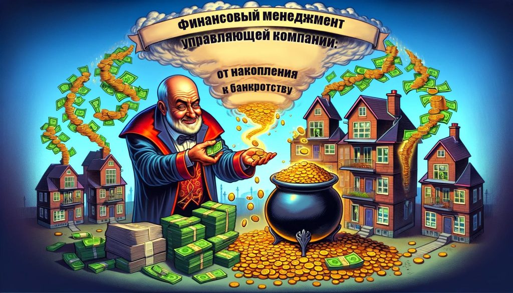Карикатурное изображение человека, переводящего деньги из домов в котел, на фоне облака с текстом о финансовых махинациях управляющей компании