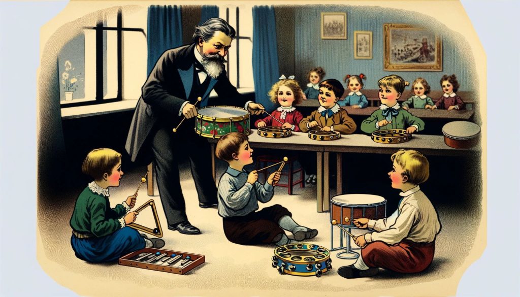Винтажное изображение учителя музыки с детьми, играющими на музыкальных инструментах, в классической обстановке