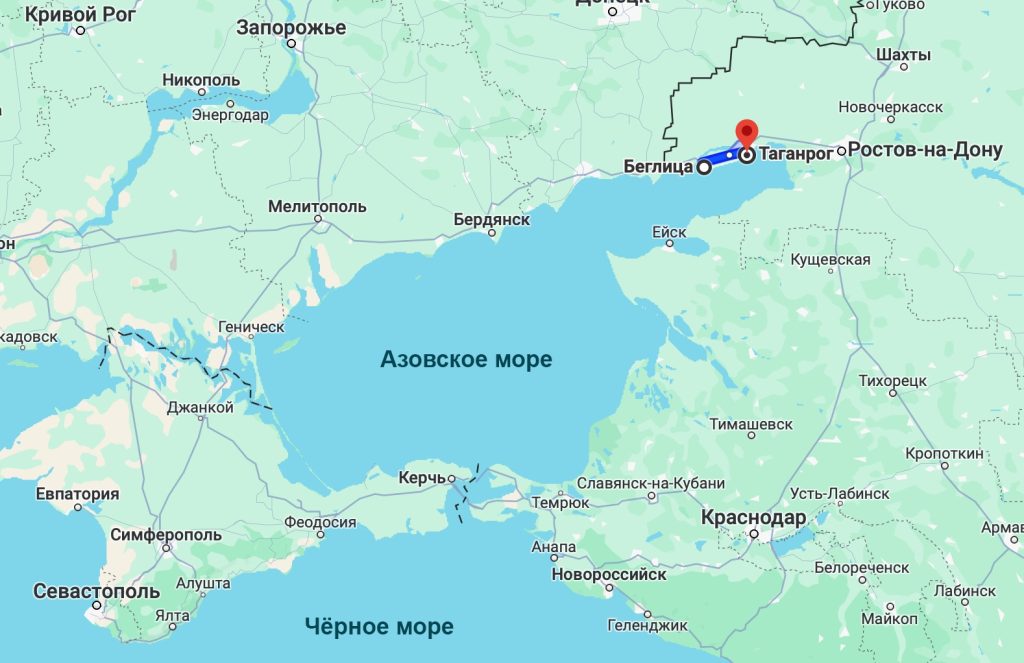 Карта региона вокруг Азовского моря с указанием местоположения села Беглица