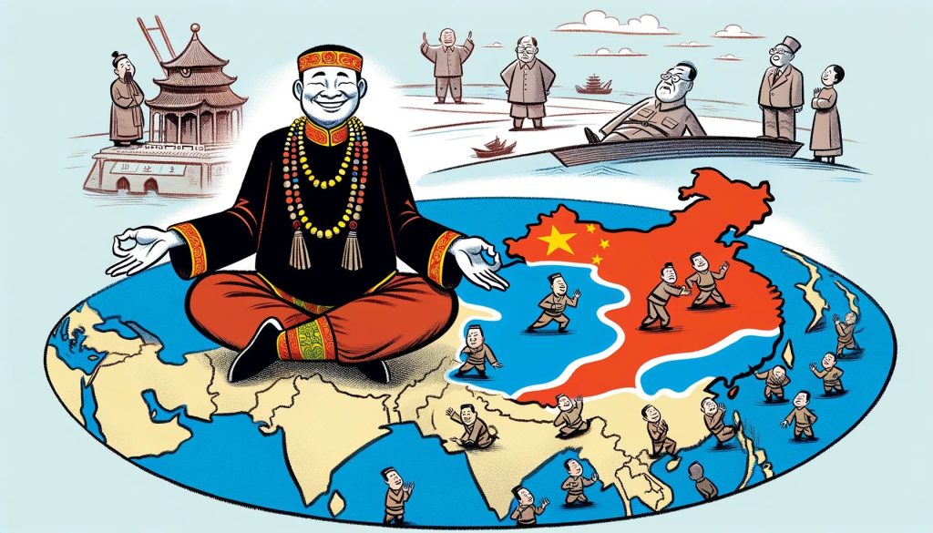 Сатирическая иллюстрация перехода острова Даманский под китайское управление с изображением медитирующего персонажа в традиционной китайской одежде на карте