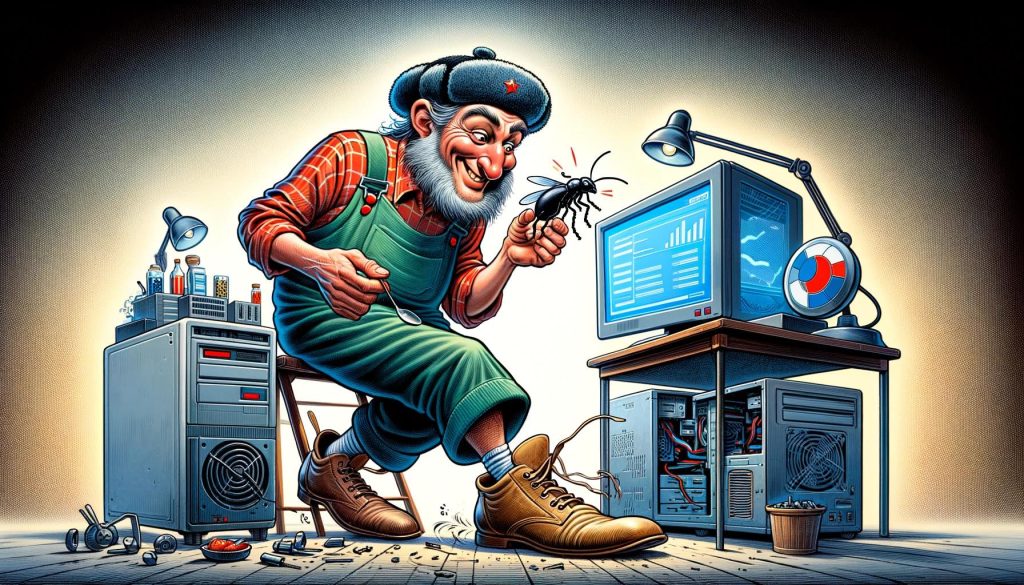 Карикатурный изображение мастера, извлекающего жука (баг) из компьютера, символизирующее создание собственной элементной базы