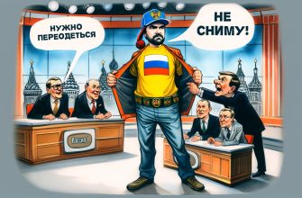 Михаил Мамаев в бейсболке с российским флагом стоит с расправленной футболкой на фоне телестудии