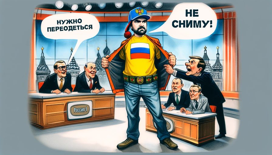 Михаил Мамаев в бейсболке с российским флагом стоит с расправленной футболкой на фоне телестудии