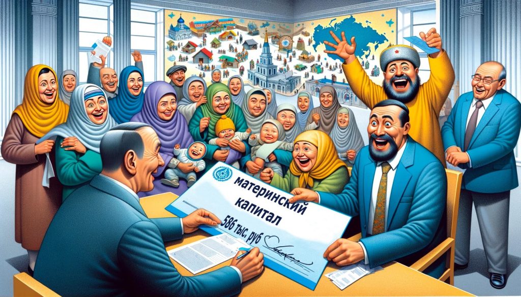 Карикатура с радостными людьми, празднующих изменения в законе о материнском капитале в Госдуме