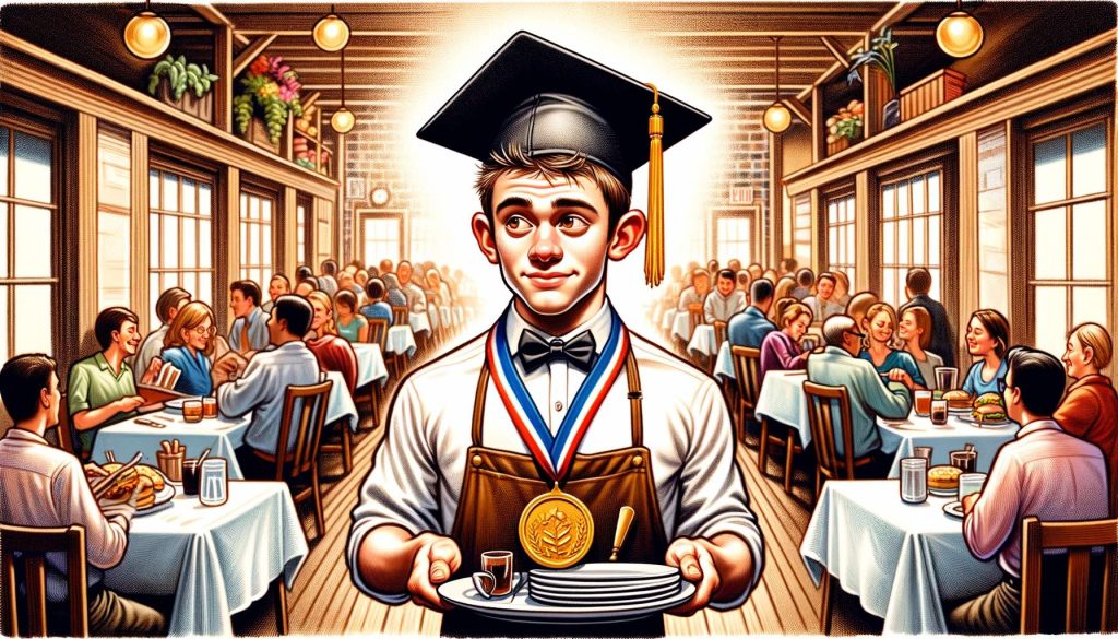 Выпускник с золотой медалью работает официантом, обслуживая посетителей в ресторане