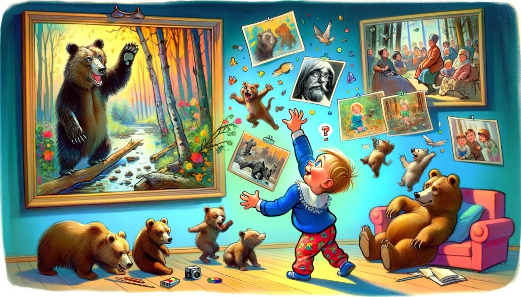 Ребенок исследует картину И. И. Шишкина "Мишкин лес", взаимодействуя с изображениями медведицы и ее медвежат