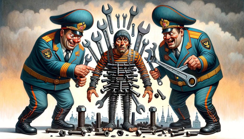 Карикатурное изображение офицеров МВД, закручивающих гайки вокруг испуганного человека