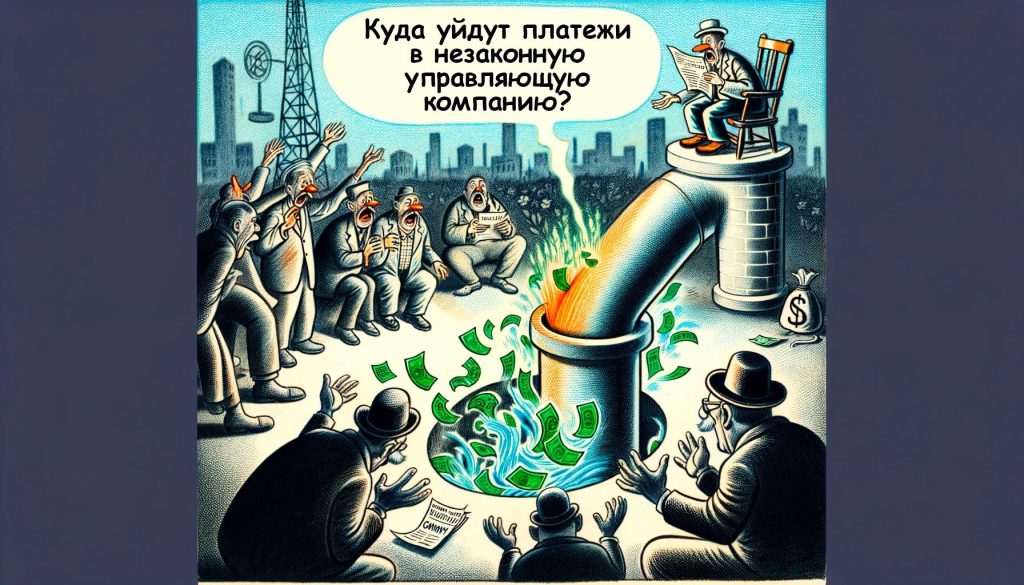 Карикатурное изображение людей, наблюдающих, как деньги улетучиваются в трубу "незаконной управляющей компании"