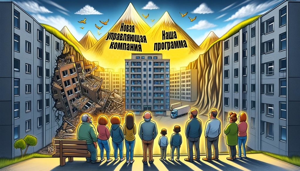 Иллюстрация жильцов, наблюдающих за разрушенным домом под золотыми лучами и надписью "Новая управляющая компания – Наша программа"