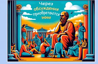 Цветная цифровая иллюстрация древнегреческого философского собрания с Сократом на переднем плане с текстом: "Через обсуждения приобретаются знания"