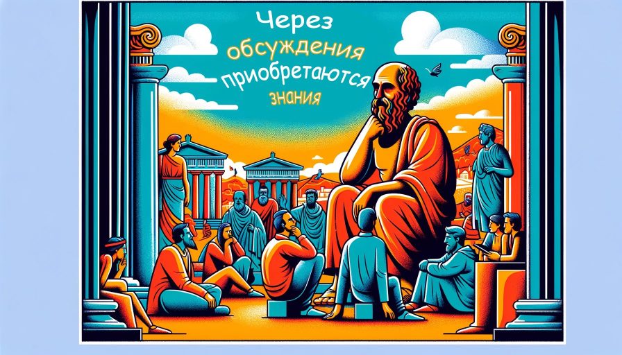 Цветная цифровая иллюстрация древнегреческого философского собрания с Сократом на переднем плане с текстом: "Через обсуждения приобретаются знания"