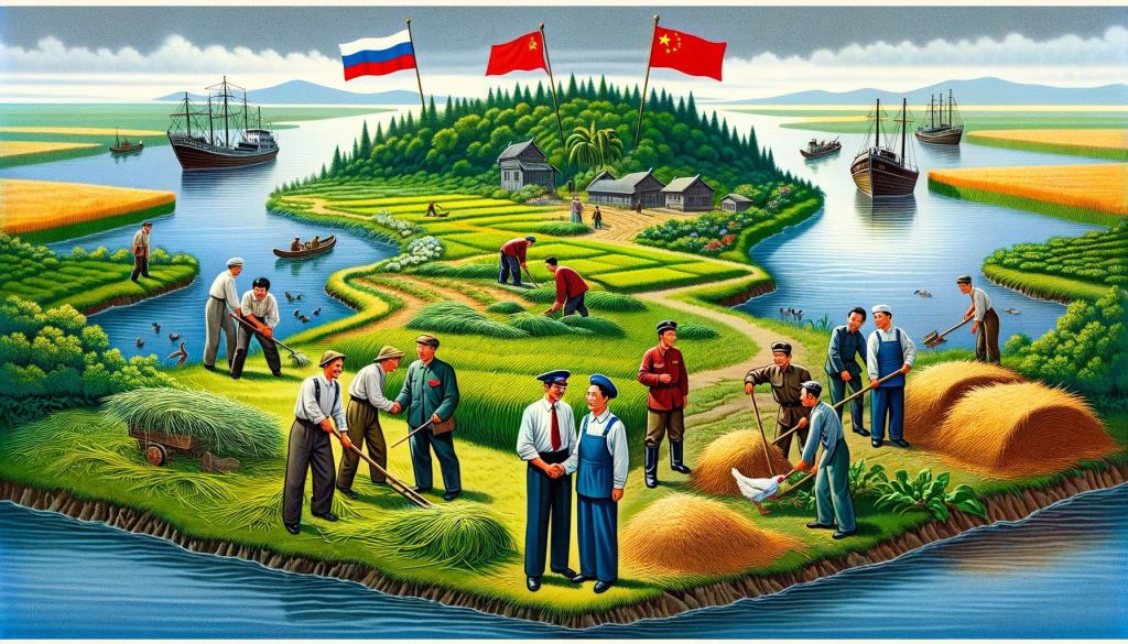 Живописная иллюстрация российских и китайских крестьян, работающих вместе на острове Даманский