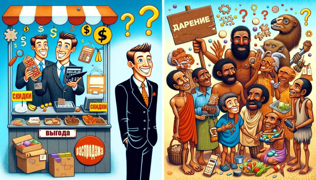 Иллюстрация, на которой сравниваются современные рыночные отношения, и обмен подарками в первобытном обществе