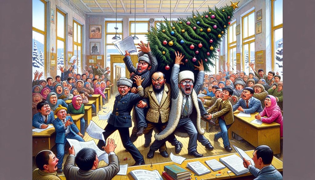 Иллюстрация группы мигрантов, выносящих новогоднюю елку из школьного класса, на фоне шокированных учеников и учителей
